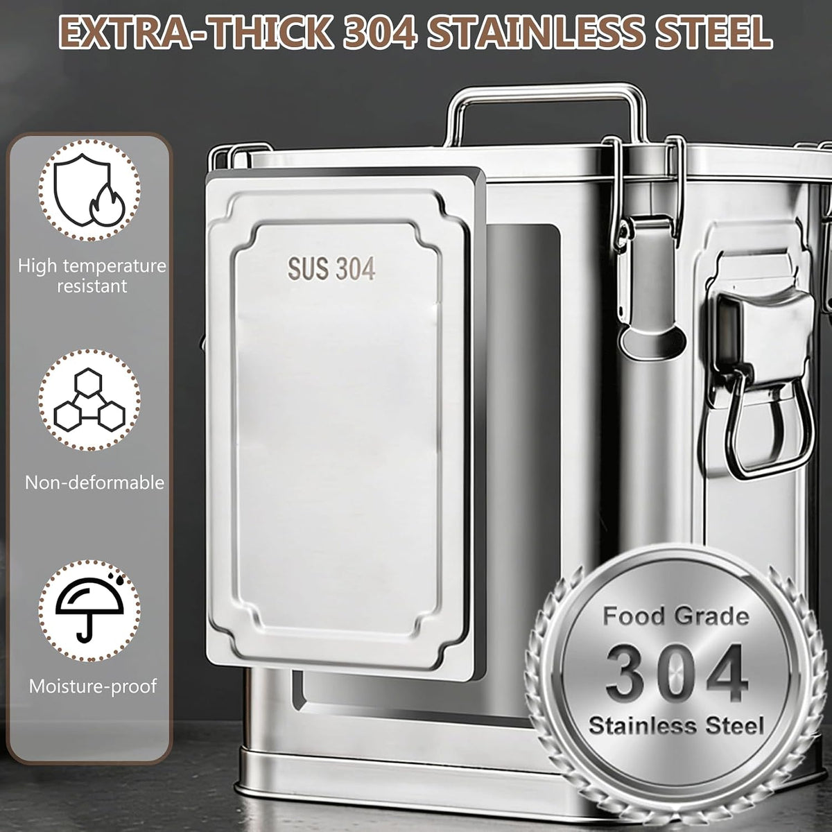 304 Stainless Steel Airtight Storage Container with Locking Clamps, Leak-Proof Square Canister for Dry & Wet Food, Heavy-Duty Storage Bin with Handles for Kitchen and Commercial Use(8.7GAL)