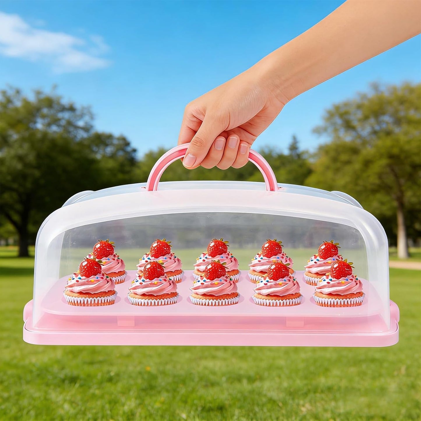 2in1 Cupcake Carrier and Cake Keeper with Lid, Rectangle Pie Carrier,Large Portable Storage Container for Storing 12 Cupcakes or 1 Large Cake (White)
