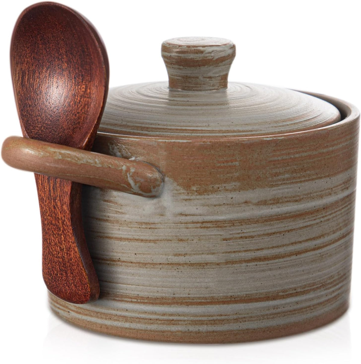 Honeydak Speckled Ceramic Salt Cellar with Lid and Wooden Spoon, Rustic Farmhouse Salt Pepper Cellar Holder for Mothers Day, Housewarming Gift, Heavyweight Spices Jar (Green)