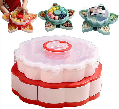 Divided Spin and Snack Serving Tray,2027 New Divided Serving Tray That Spins,Rotating Snack Box Container with Lid,Multi-Compartment Food Organizer Design,Lazy Susan Organizer for Fruit, Nuts, Candy