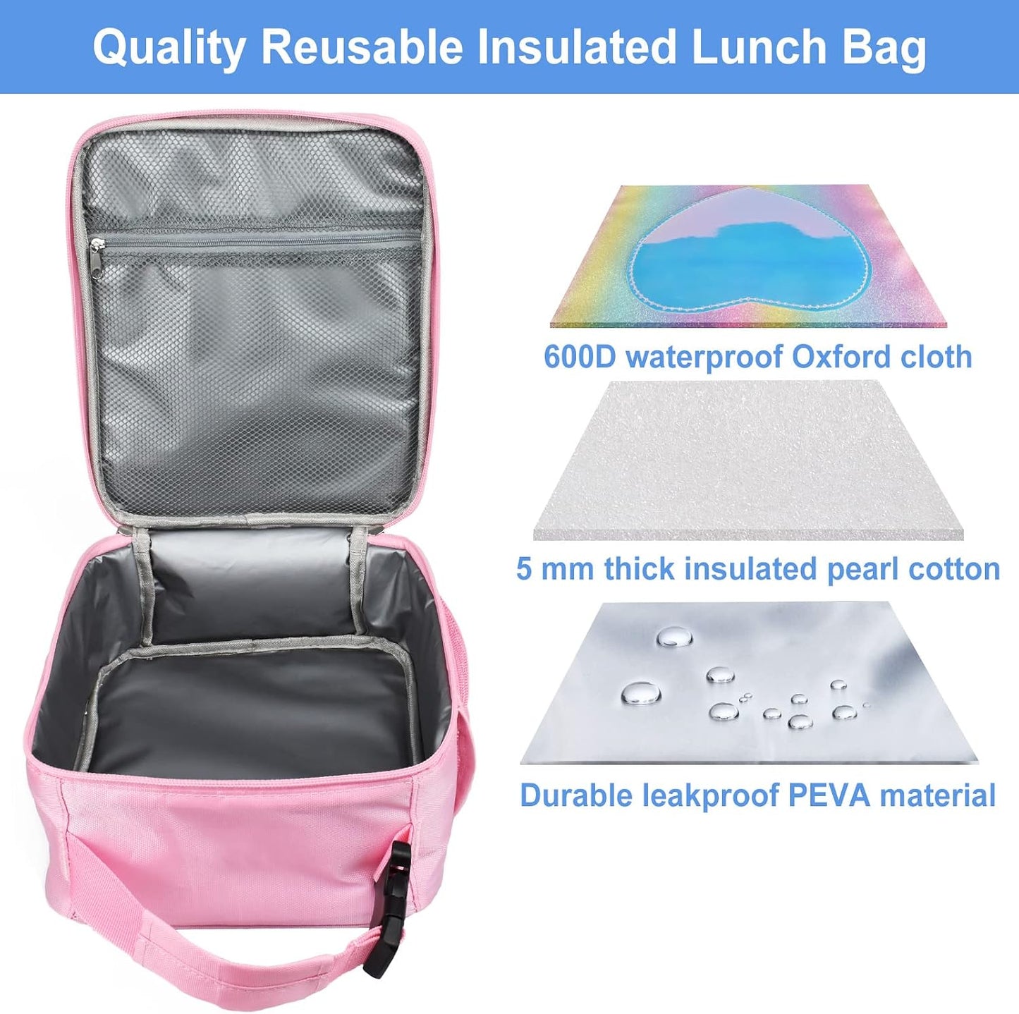 Insulated Lunch Bag, Leakproof Portable Lunch Box for Women Men Boys Girls, Large Capacity Cooler Bag with Handle and Bottle Pocket for Office School Camping Hiking Outdoor Beach Picnic (Black)