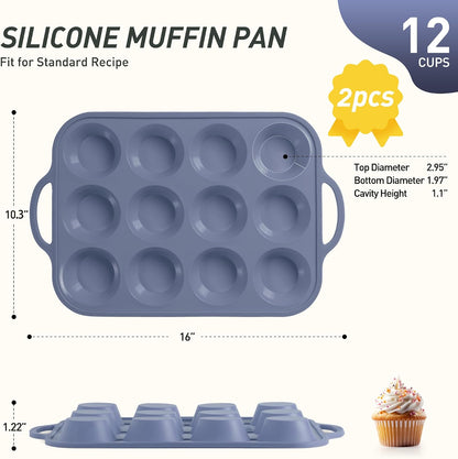 2 Packs 12 Cups Silicone Muffin Pan for Baking with Metal Reinforced Frame Regular Size Cupcake Pan Tray Egg Bites Silicone Cookie Molds Muffin Tin Tart Pans Sheet Set for Oven Dishwasher Safe