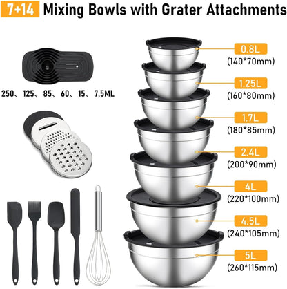 Unokit Mixing Bowls with Lids Set - 16 Pcs Stainless Steel Nesting Mixing Bowls with Grater Attachments, Mixing Bowl Set for Multi Mixing & Serving