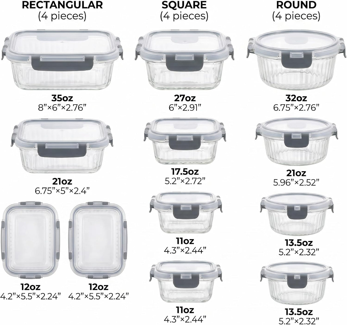 Glass Food Storage Containers with Lids, 12 Piece Glass Meal Prep Containers Set, Airtight Leakproof Snap Lock Lids, BPA-Free, Freezer Microwave Oven Dishwasher Safe, Ribbed Glass Containers