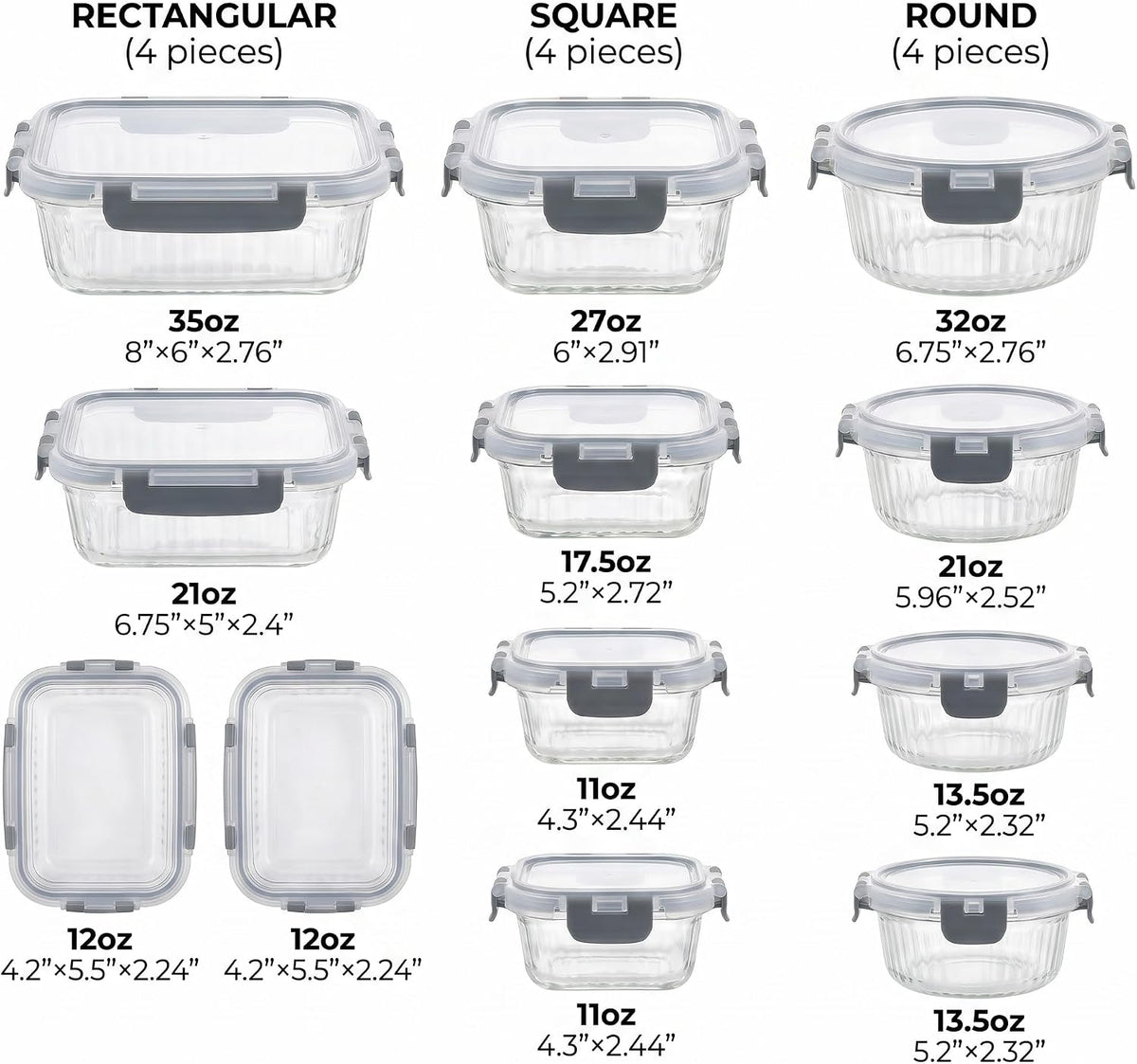 Glass Food Storage Containers with Lids, 12 Piece Glass Meal Prep Containers Set, Airtight Leakproof Snap Lock Lids, BPA-Free, Freezer Microwave Oven Dishwasher Safe, Ribbed Glass Containers