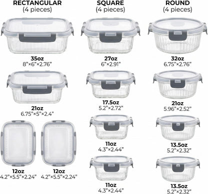 Glass Food Storage Containers with Lids, 12 Piece Glass Meal Prep Containers Set, Airtight Leakproof Snap Lock Lids, BPA-Free, Freezer Microwave Oven Dishwasher Safe, Ribbed Glass Containers