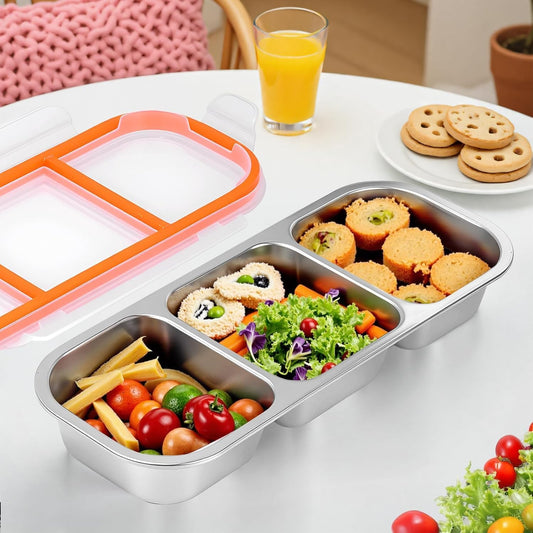 Stainless Steel Snack Containers with Lids – Reusable 3-Compartment Divided Food Storage Box for Various occasions, Portable Sauce Cups and Condiment Holder for Travel, Lunch, On-the-Go