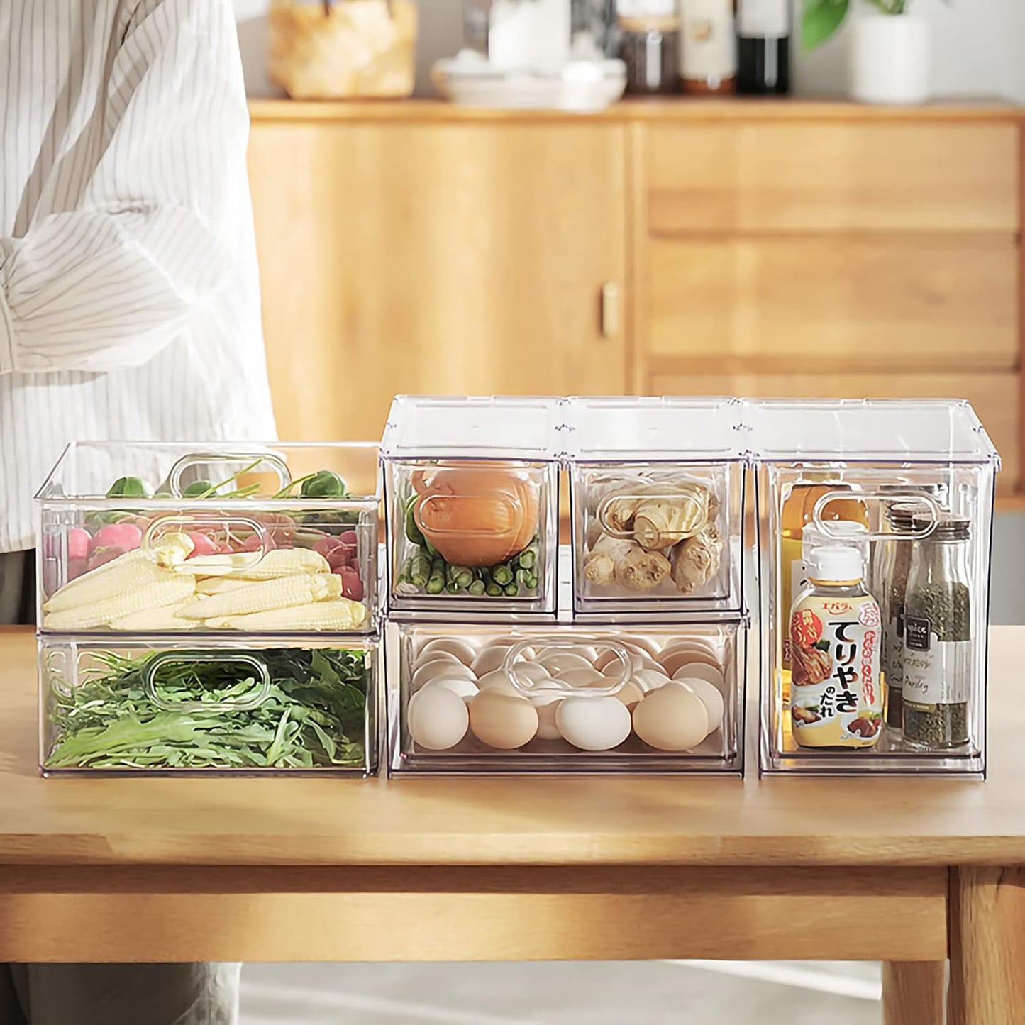 3Pack Fridge Organizer Drawer Divider Cube Pull-Out Bins Clear Food Container Refrigerator Storage box Produce Saver for Pantry Kitchen Cabinet