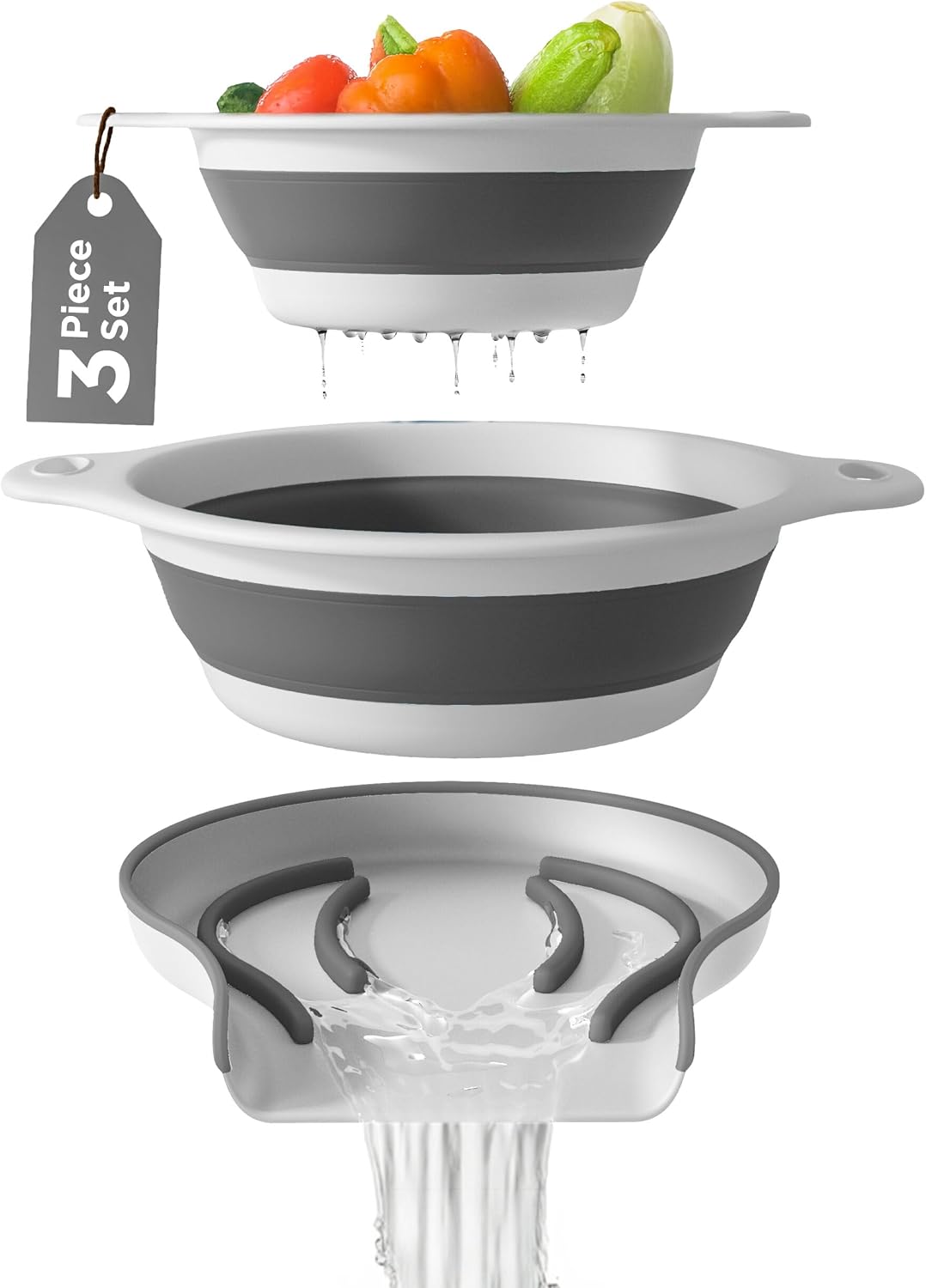 Collapsible Colanders (2 Pack Set) Food Strainers with Over-Sink Water Draining Base for Pasta Fruits and Vegetables (4 and 5 Quart) - White Beige