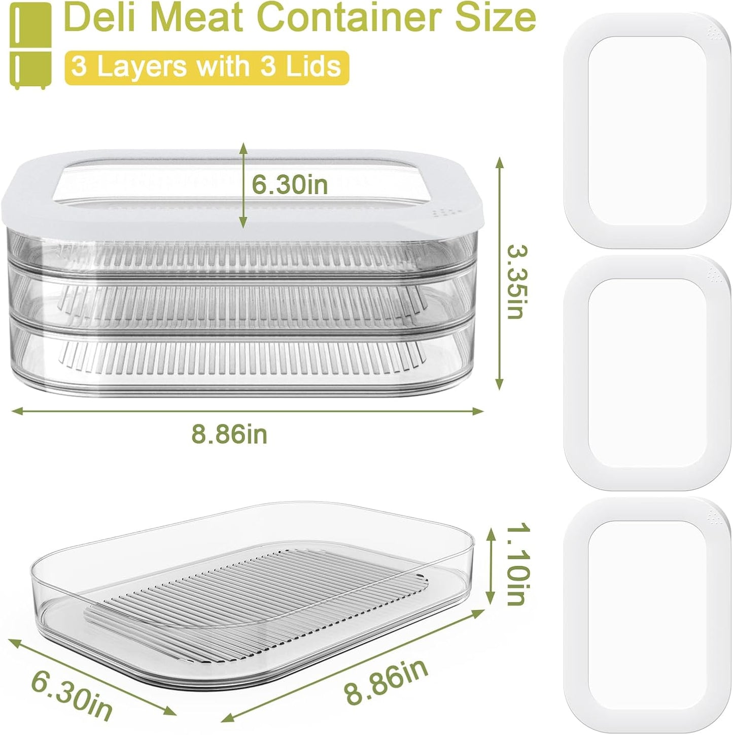 Cecnamt Stackable Deli Meat Container with Drainage Groove and Silicone Lid, Clear Refrigerator Storage Containers for Lunch Meats, Cold Cuts, Bacon, Cheese, BPA Free - 3 Layer