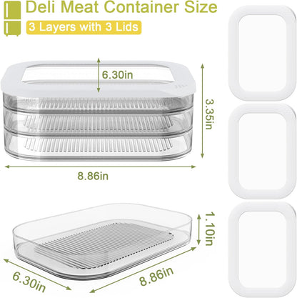 Cecnamt Stackable Deli Meat Container with Drainage Groove and Silicone Lid, Clear Refrigerator Storage Containers for Lunch Meats, Cold Cuts, Bacon, Cheese, BPA Free - 3 Layer