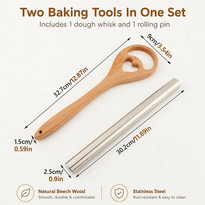 13 Inch Danish Dough Whisk, Wooden Dough Mixer for Sourdough Bread, Batter & Pizza Dough, Kitchen Hand Mixing Tool, Includes Stainless Steel Rolling Pin (Heart Style)