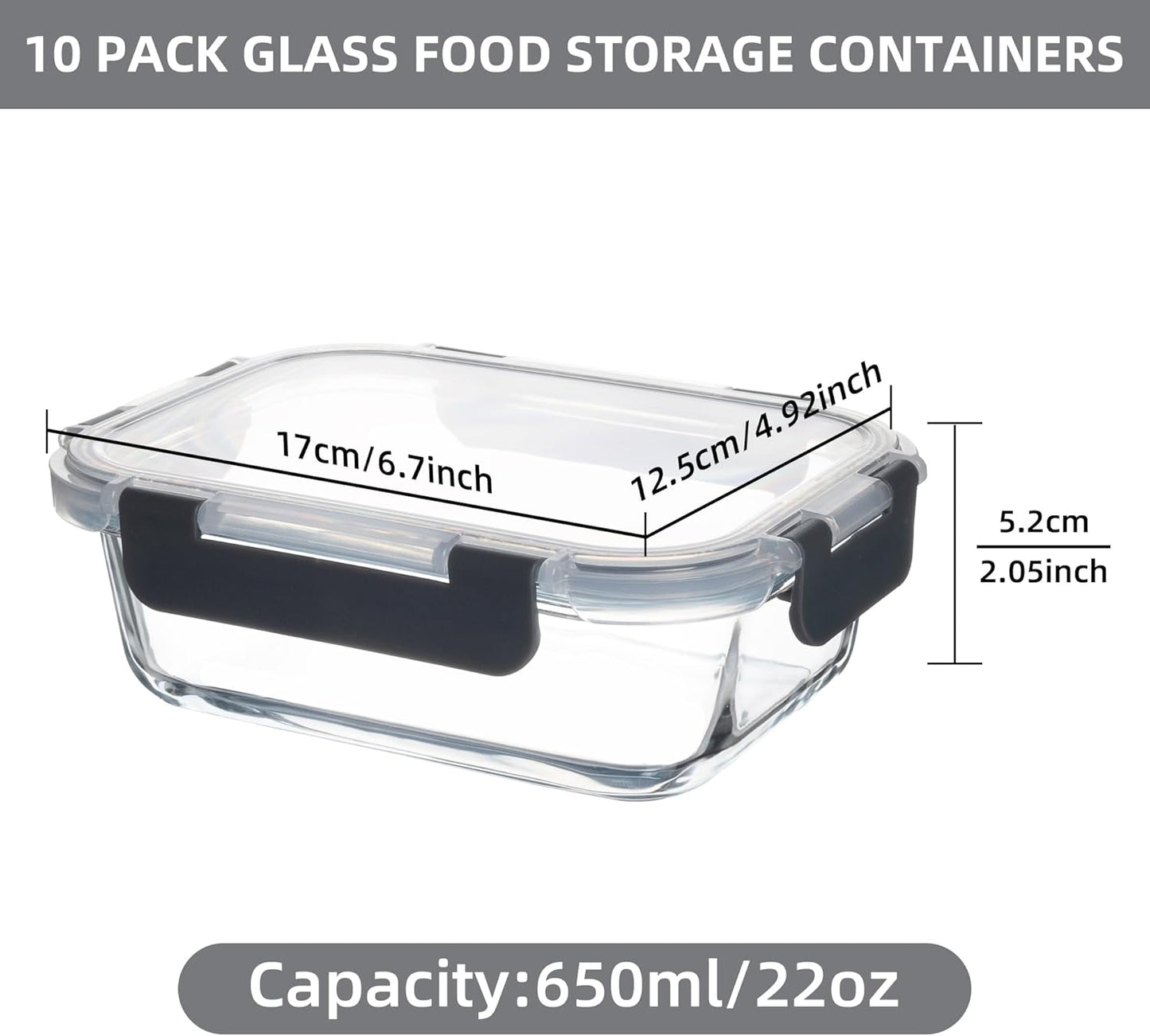 10 Pack 22 oz Glass Meal Prep Containers, Food Storage Containers with Lids, Airtight Leakproof Lunch Containers for Kitchen, Freezer, Microwave, Dishwasher Safe (Grey)