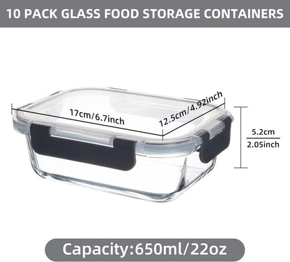10 Pack 22 oz Glass Meal Prep Containers, Food Storage Containers with Lids, Airtight Leakproof Lunch Containers for Kitchen, Freezer, Microwave, Dishwasher Safe (Grey)