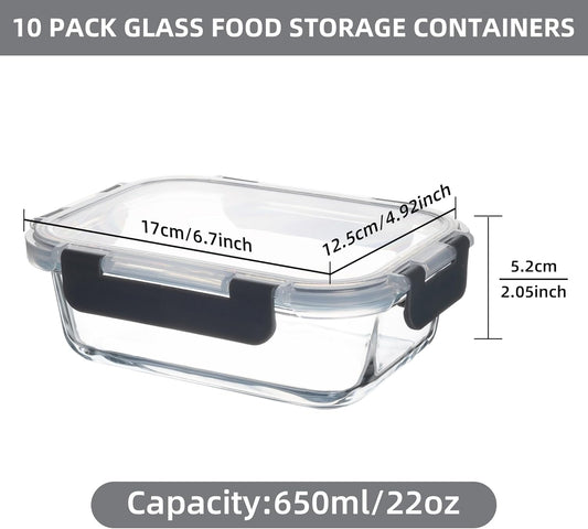 10 Pack 22 oz Glass Meal Prep Containers, Food Storage Containers with Lids, Airtight Leakproof Lunch Containers for Kitchen, Freezer, Microwave, Dishwasher Safe (Grey)