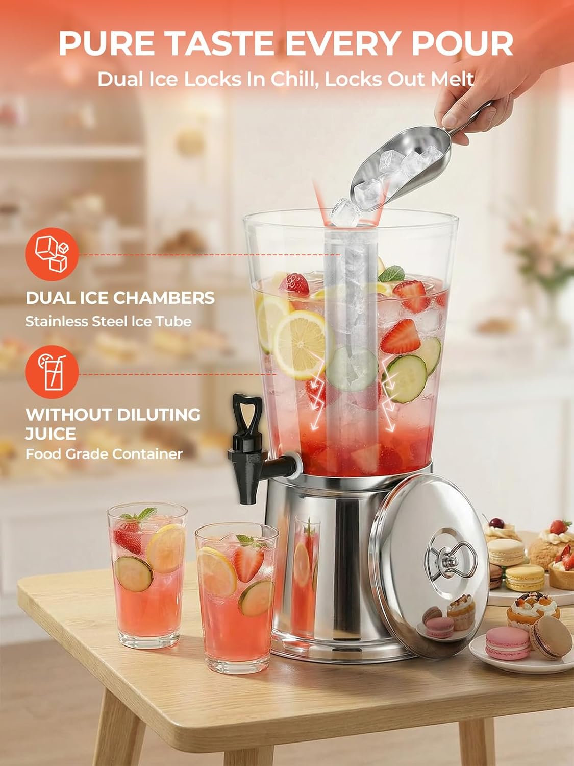 Beverage Dispenser With Stand, Stainless Steel Drink Dispenser for Parties, 2 Gallons drink dispenser with Ice Core & Spigot, Clear Acrylic Water Juice Jug for Home, Buffet, Weddings & Outdoor Events