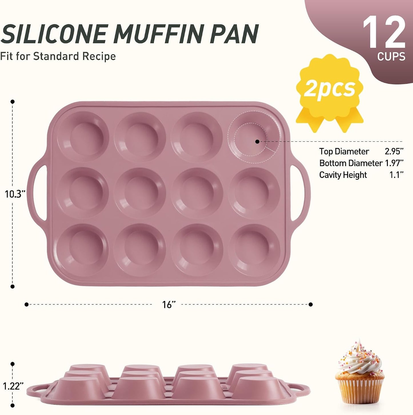 2 Packs 12 Cups Silicone Muffin Pan for Baking with Metal Reinforced Frame Regular Size Cupcake Pan Tray Egg Bites Silicone Cookie Molds Muffin Tin Tart Pans Sheet Set for Oven Dishwasher Safe