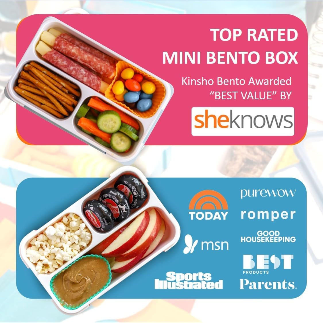 Small Snack Containers for Kids Toddlers - 3 Compartments (Set of 2) - Leak-Proof Reusable Boxes with Lids - BPA-Free Plastic Mini Bento Lunch Box - Holds 2 Cups Capacity (Pastel Blue+Teal Sparkle)