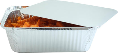 PARTY BARGAINS 4 lb Aluminum Pans with Board Lids, 50 Pack – 12 x 8 in Disposable Foil Roasting & Steam Table Pans for Catering, Takeout, Meal Prep, Oven Safe up to 240°C