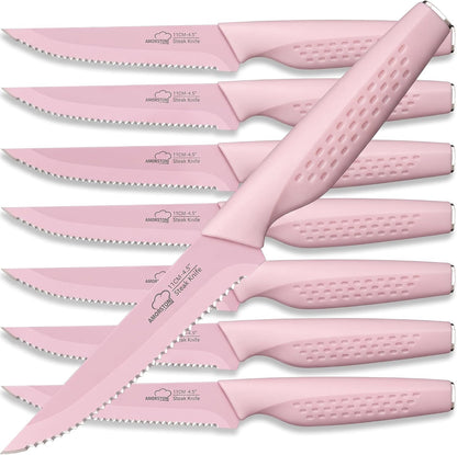 Amorston Steak Knives, Steak Knives Set of 8, Stainless Steel Steak Knife Set, Serrated Knives Dishwasher Safe, Elegant Black Mothers Day Gifts for Women