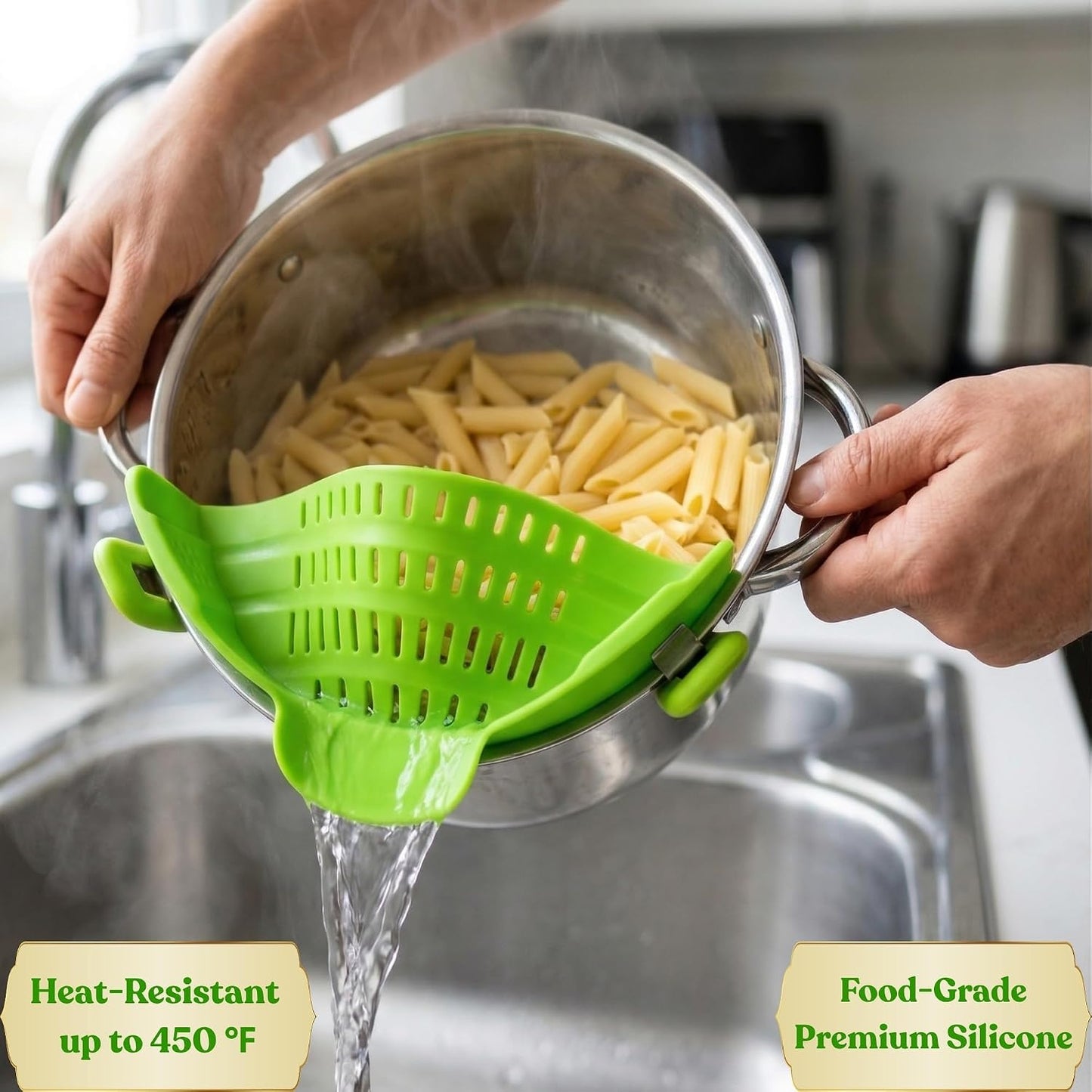 Clip On Strainer Silicone for Pots and Pans, Universal Fit Pasta Strainer and Pot Colander, Space Saving Food Drainer with Collapsible Funnel and Garlic Peeler, 3 Pcs Set, Gray