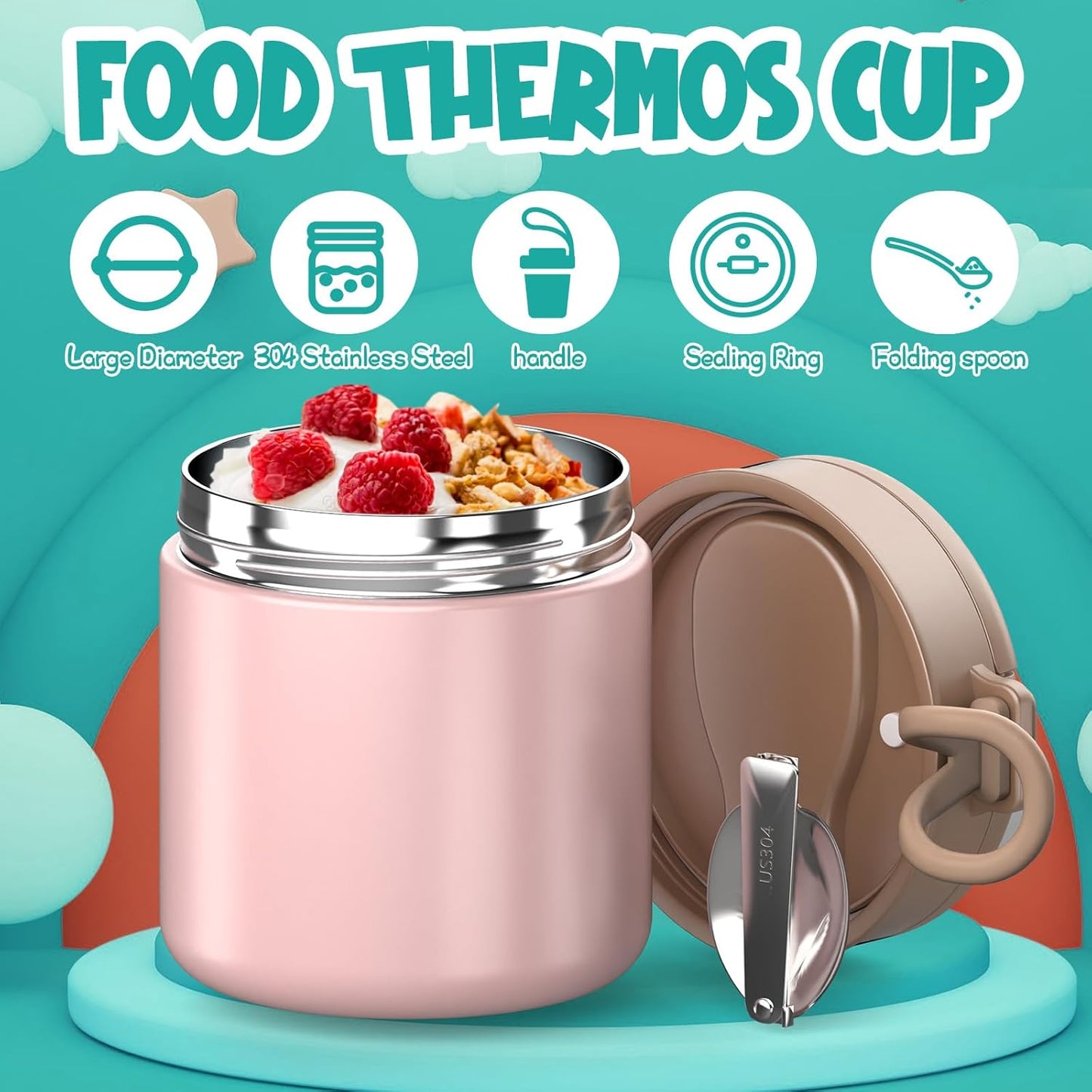Thermo for Hot Food Kids - 15.2oz, Leak Proof Insulated Food Jar, Soup Thermo, Insulated Lunch Containers, Termos Para Comida Caliente, Wide Mouth Lunch Box with Folding Spoon and Handle