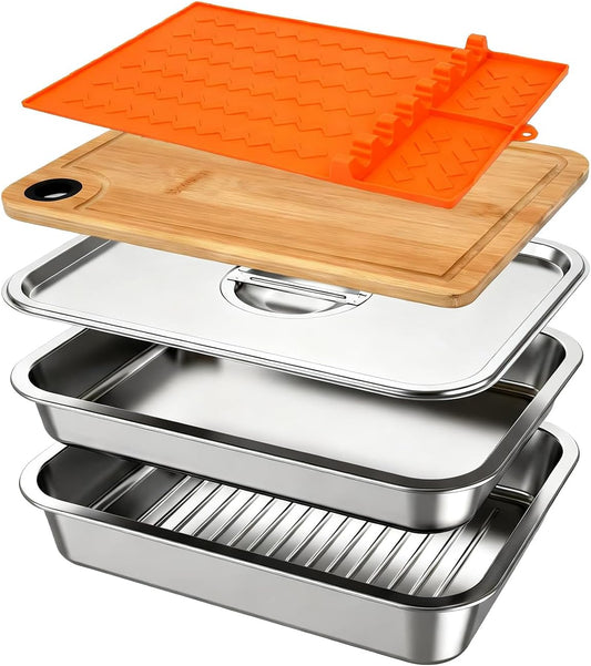 Grilling Prep and Serve Trays, Set of 5 Stackable Stainless Steel BBQ Trays with Lid & Cutting Board & Silicone Mat, Deep Marinating Container, Serving Platter for Plating Food, Large BBQ Prep Tub