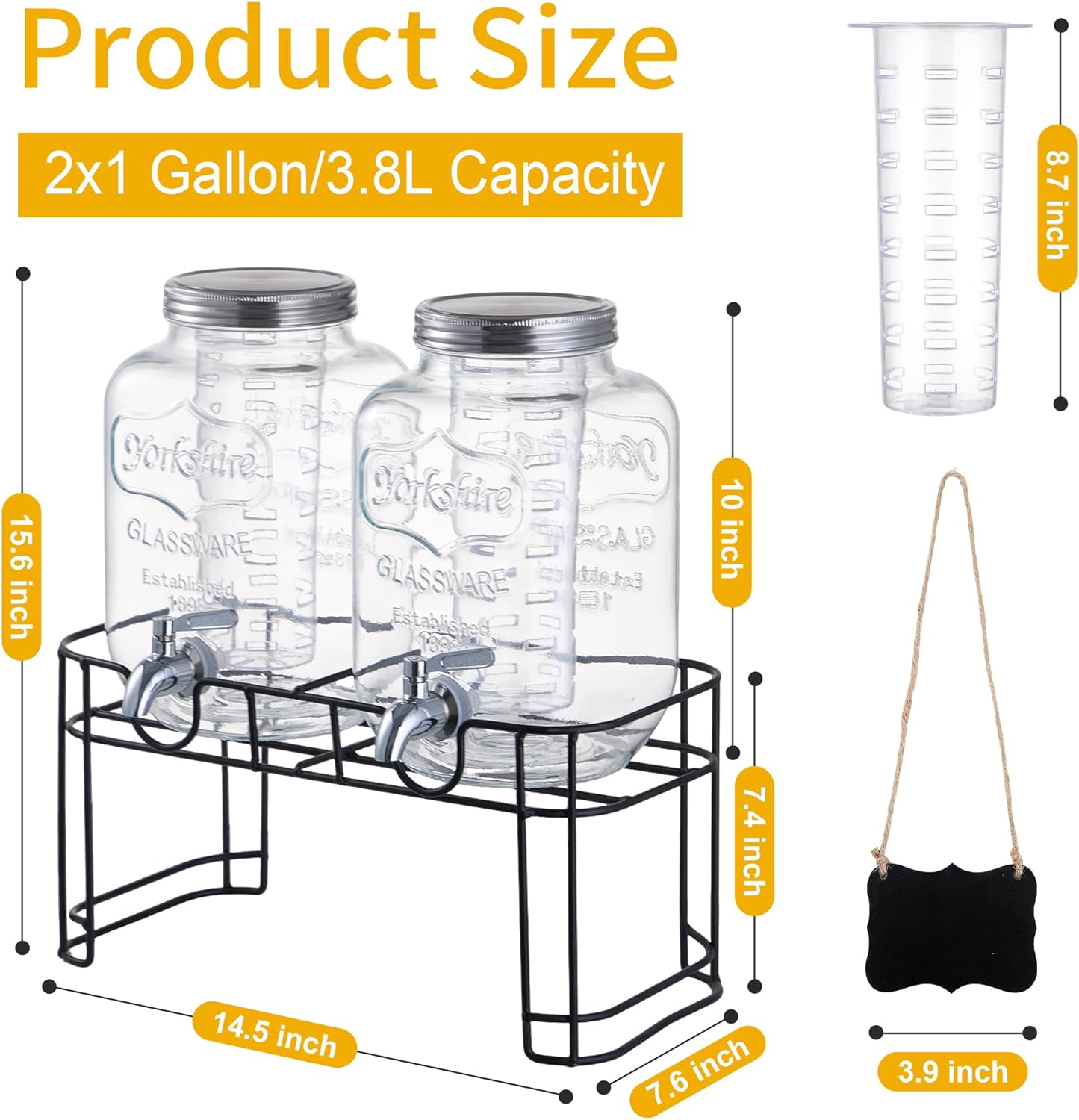 1 Gallon Glass Beverage Dispenser Set of 2 with Stand & Fruit Infuser, Stainless Steel Spigot, Beverage Dispenser for Parties, Weddings, BBQs, Lemonade, Sun Tea, Juice & Cold Drinks