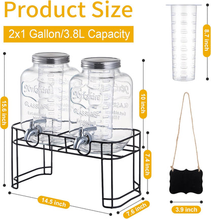 1 Gallon Glass Beverage Dispenser Set of 2 with Stand & Fruit Infuser, Stainless Steel Spigot, Beverage Dispenser for Parties, Weddings, BBQs, Lemonade, Sun Tea, Juice & Cold Drinks