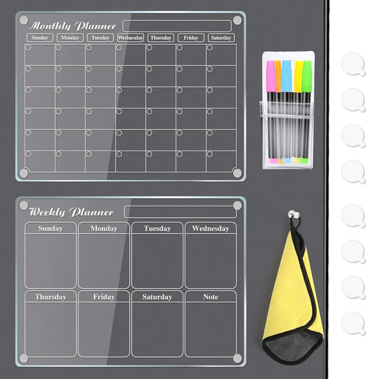 MIKEDE Magnetic Calendar for Refrigerator, 4 Pack Strong Magnets Dry Erase Board Set, 6 Colorful Markers, Acrylic Calendar for Fridge Family Planning Whiteboard Wall, Magnet Pen Holder