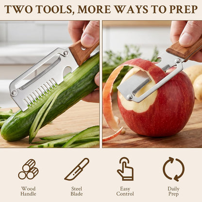 2026 Upgrade Vegetable Peeler and Julienne Peeler Set, Stainless Steel Vegetable Peelers for Kitchen with Wood Handles and Bottle Opener, 2-Pcs Multifunctional Vegetable Peeler Set