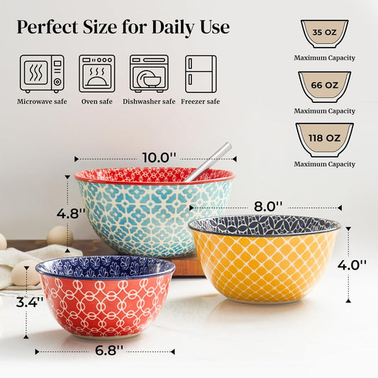 DOWAN Mixing Bowls, Ceramic Mixing Bowls for Kitchen, Colorful Vibrant Nesting Bowls for Cooking, Baking, Prepping, Serving, Salad, Housewarming Gift, Microwave Dishwasher Safe, 3.7/2/1 Qt, Set of 3