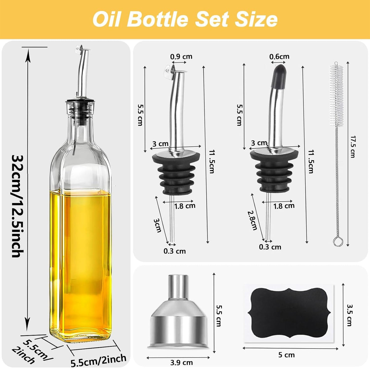 Green Olive Oil Dispenser Bottle - 17oz/500ml Glass Oil and Vinegar Bottles Set for Kitchen, Oil Dispenser with 2 Stainless Steel Pourers, Funnel and Brush