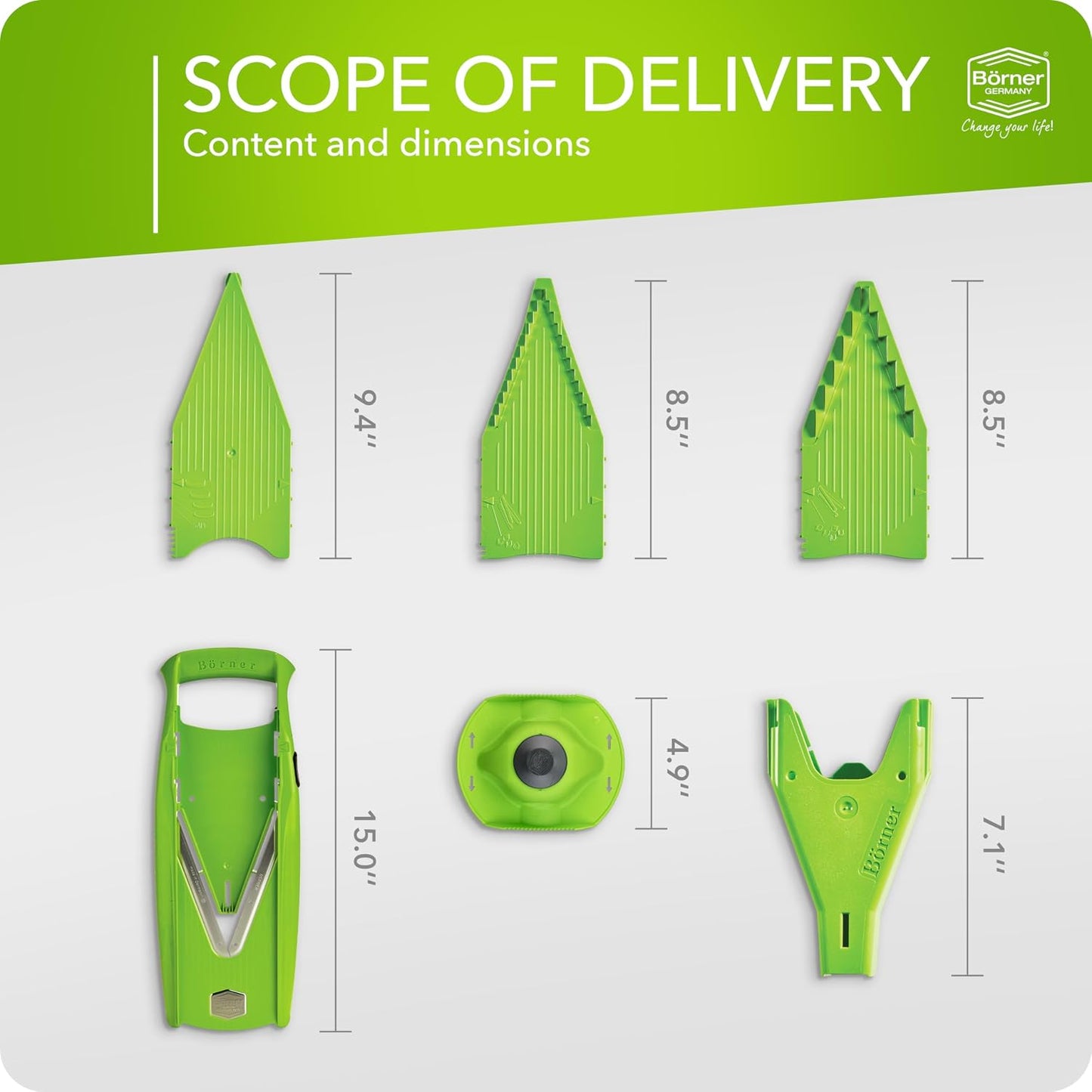 Börner Mandoline Slicer V5 (Basic Set) • Vegetable V-Slicer for Slices in 4 Thickness Settings • Stainless Steel V-Blade • Adjustable Kitchen Slicer for Vegetables & Fruits • Color: Green
