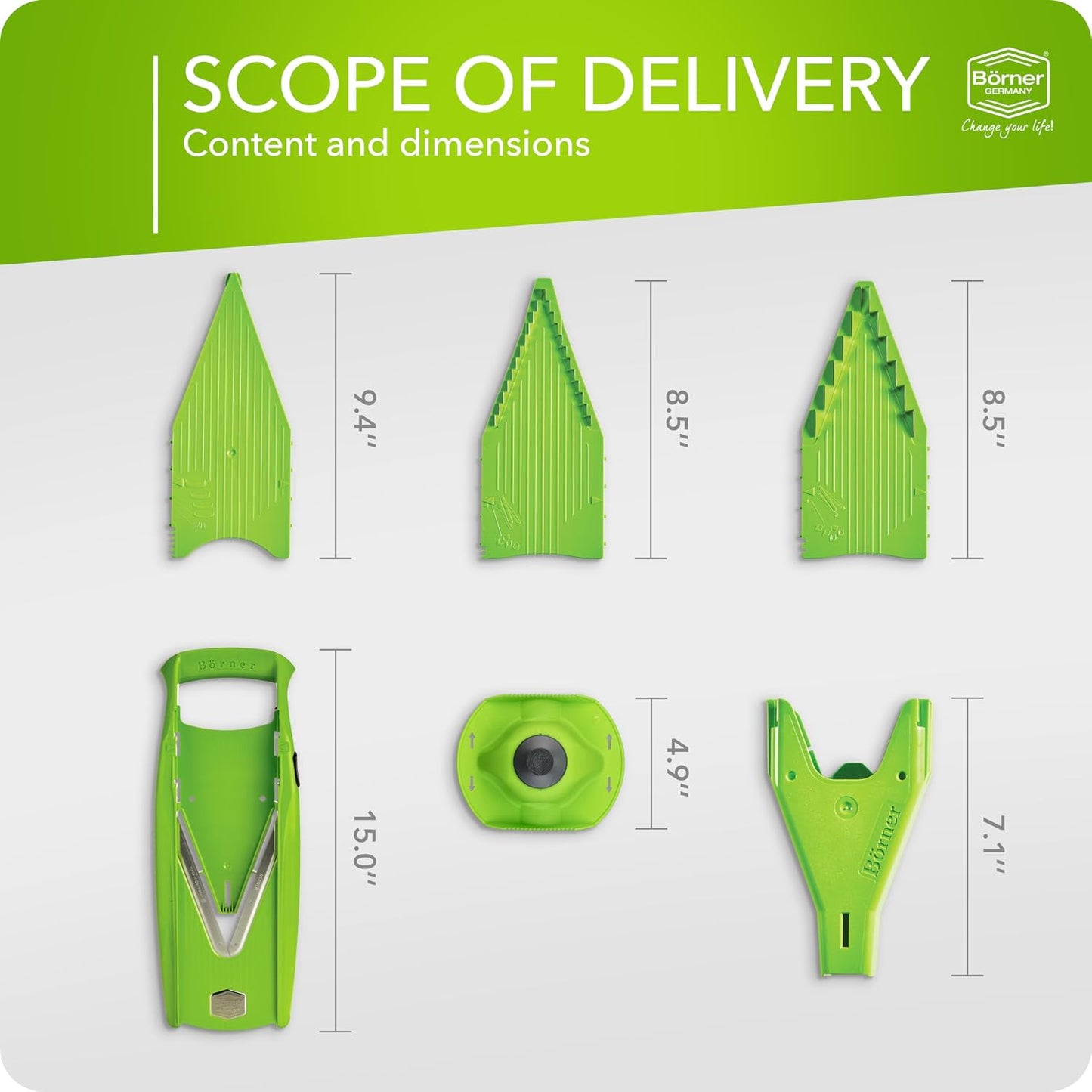 Börner Mandoline Slicer V5 (Basic Set) • Vegetable V-Slicer for Slices in 4 Thickness Settings • Stainless Steel V-Blade • Adjustable Kitchen Slicer for Vegetables & Fruits • Color: Green