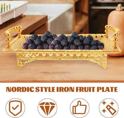 COLLBATH Nordic Style Fruit Plate with Handle 2Pc Metal Snack Serving Tray for Dried Fruits and Appetizers Elegant Gold Platter for Kitchen and Entertaining