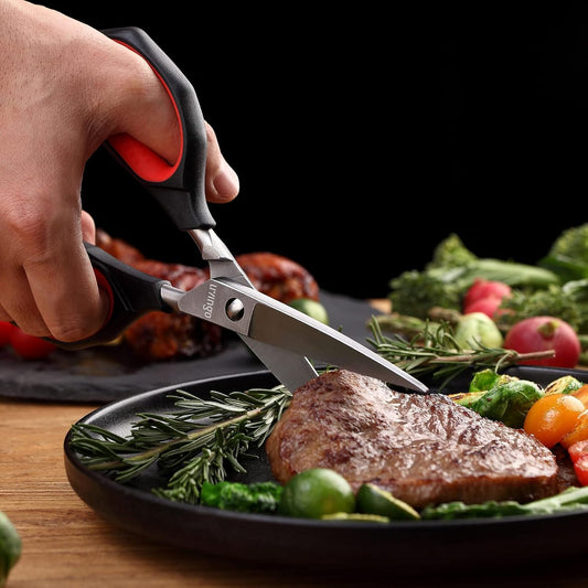 LIVINGO Heavy Duty Kitchen Shears - Titanium Coated Hot Forged Sharp Multipurpose Stainless Steel Utility Shears for Household Culinary Food Cutting Chicken Meat Cooking, Dishwasher Safe, 9.5 Inch
