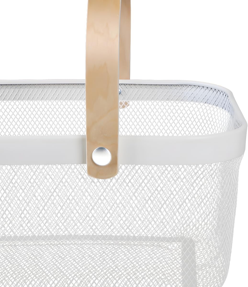 Portable Mesh Harvest Basket - Natural Bamboo Handle Foldable Organizer for Kitchen, Garden & Picnic | Ventilated Storage Bin with Rust-Proof Wire, Space-Saving Farmhouse Decor (Pink)