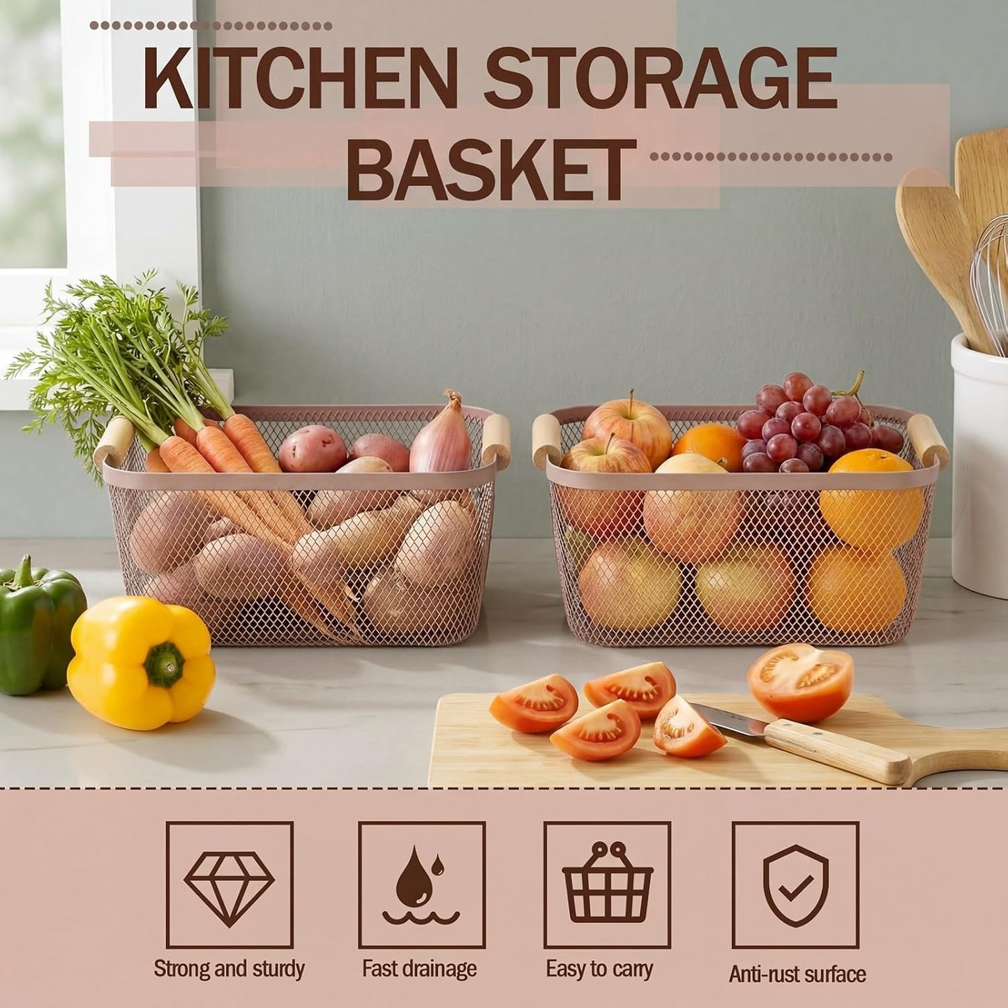 Mumufy 3 Pcs Metal Mesh Basket with Wooden Handles Wire Steel Organizer Bins Pantry Organizers Kitchen Baskets for Closet Cabinet Bathroom Fridge Food Snacks Organization (Warm Tapue,3 Sizes)
