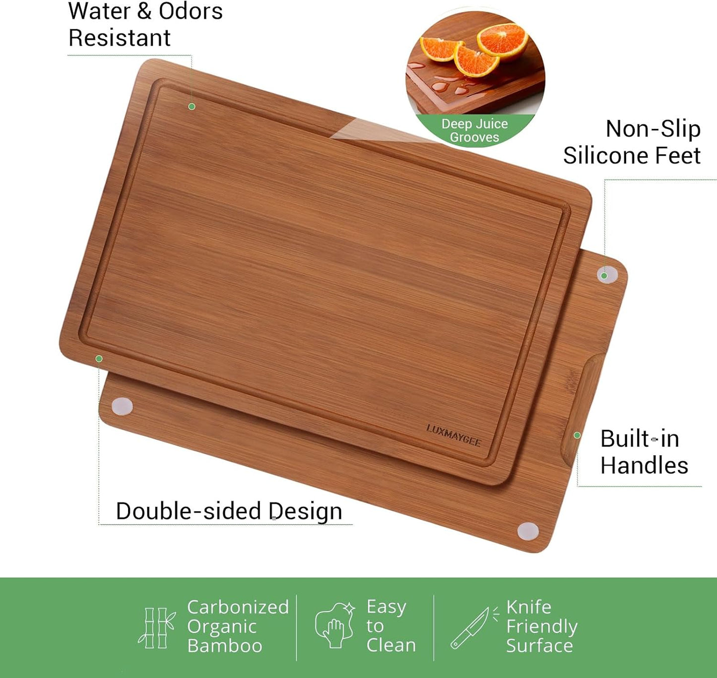Bamboo Cutting Board Set, 3-Piece Carbonized Wood Cutting Boards with Deep Juice Groove, Non-Slip Feet & Handles – Durable Cutting Board for Meat, Vegetables, Fruits, Charcuterie, Ideal Kitchen Gift