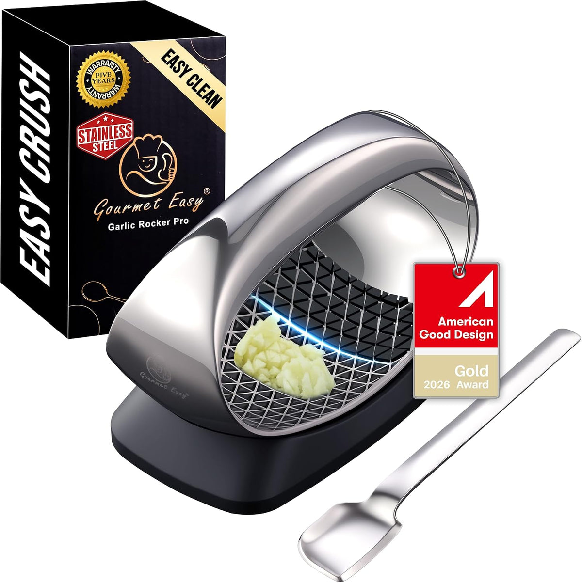 Gourmet Easy Stainless Steel Garlic Press Rocker with Eject Base & Scraper