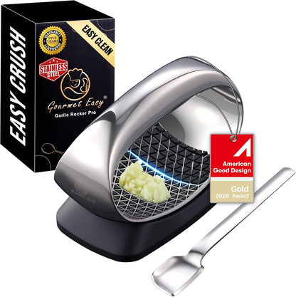 Gourmet Easy Stainless Steel Garlic Press Rocker with Eject Base & Scraper
