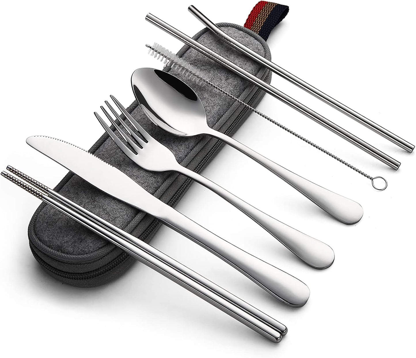 DEVICO Camping Utensils, 8-Piece Full-Size Reusable Silverware for Lunch Adult, Stainless Steel Portable Fork Spoon Knife Set for Work, Travel Cutlery Set with Case and Chopsticks Straws (Rainbow)