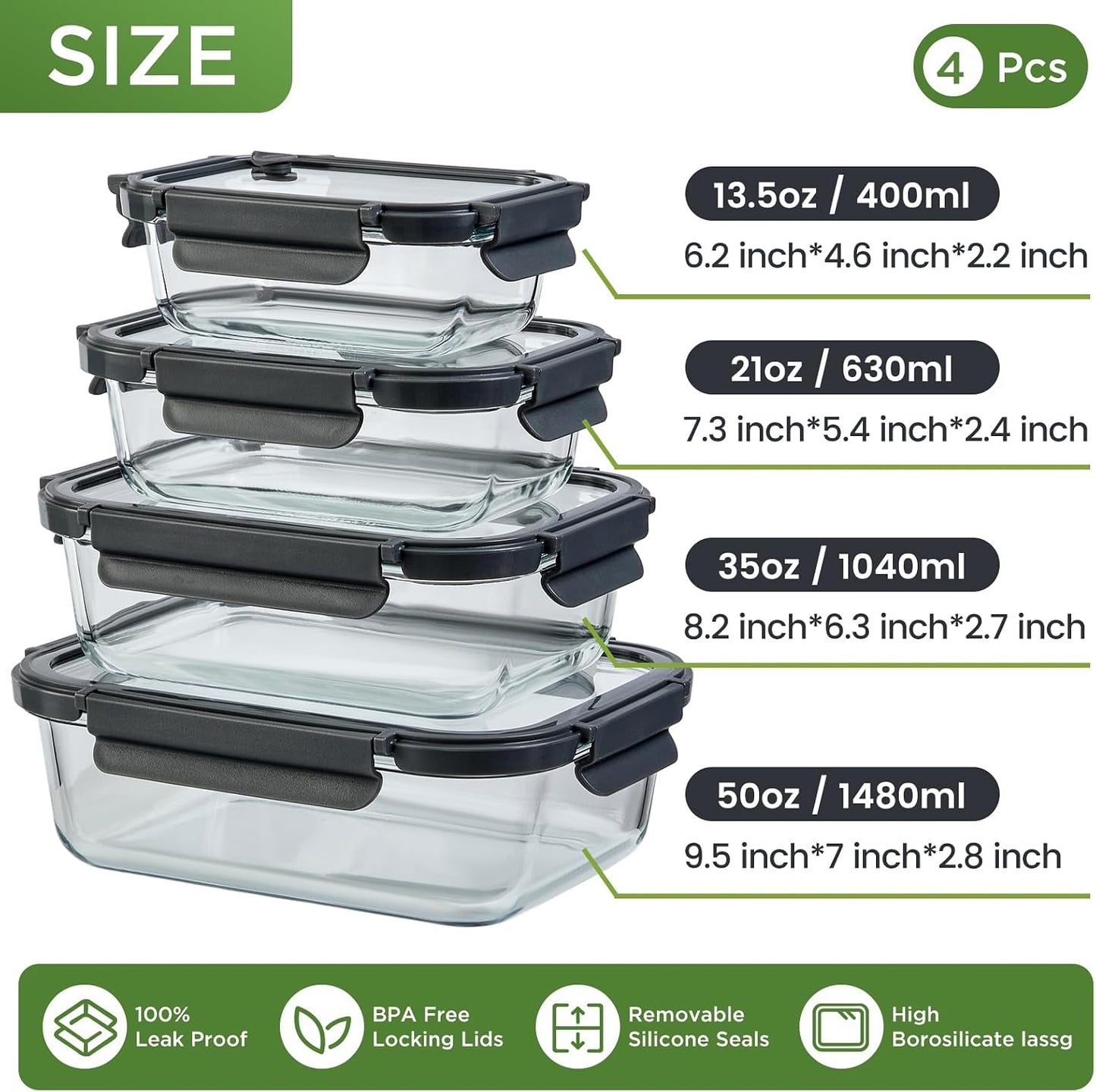 Glass Food Storage Containers with Lids,10 pack [36oz*5+13.5oz*5], Glass Meal Prep Container with Airtight Lids, Microwave Safe Food Container Set, BPA Free, LeakProof, Ideal for Lunch