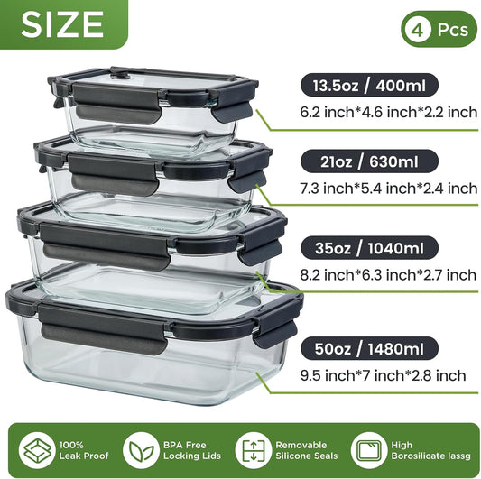 Glass Food Storage Containers with Lids,10 pack [36oz*5+13.5oz*5], Glass Meal Prep Container with Airtight Lids, Microwave Safe Food Container Set, BPA Free, LeakProof, Ideal for Lunch