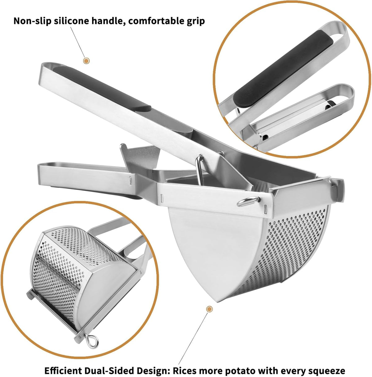 Heavy Duty Potato Ricer, Large 22oz Potato Masher, Stainless Steel Press and Mash Kitchen Gadget for Mashed Potatoes, Spaetzle Maker with Silicone Handle
