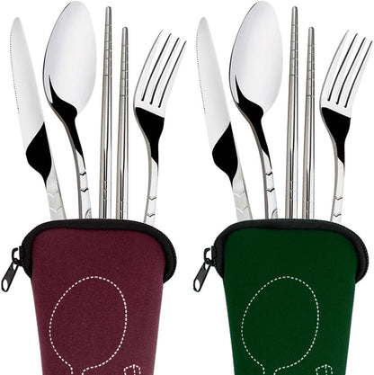 SENHAI 8 Pieces Flatware Sets Knife, Fork, Spoon, Chopsticks, 2 Pack Rustproof Stainless Steel Tableware Dinnerware with Carrying Case for Traveling Camping Picnic Working Hiking