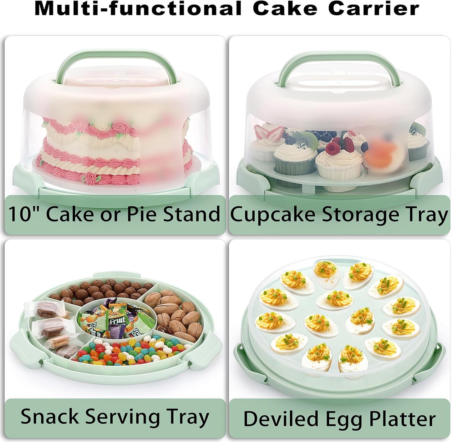 BSTKEY Portable Cake Carrier with Lid and Handle, Devil Egg Container + Cupcake Storage Tray for Transport, 10 Round Cake Container Holder with Two Sided Base for Pies Cookies Nuts Fruit, Green