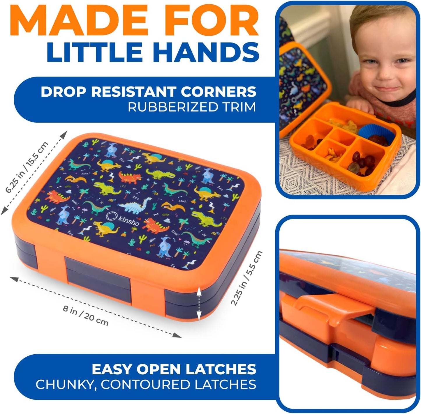 Kinsho Bento Lunch Box for Kids Toddlers, 5 Portion Control Sections, BPA Free Removable Plastic Tray, Pre-School Kid Toddler Daycare Lunches, Snack Container Ages 3 to 7 (Blue Space Rockets)