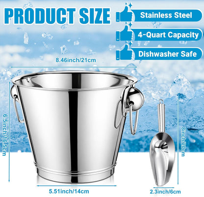 meekoo 4 Pcs 4 Quart Champagne Bucket Wine Bucket Metal Ice Container with 1 Pcs 6 oz Ice Scoop and Handles Stainless Steel Drink Cooler Cocktails Wine Chiller Beer Tub for Bar Party BBQ Banquet
